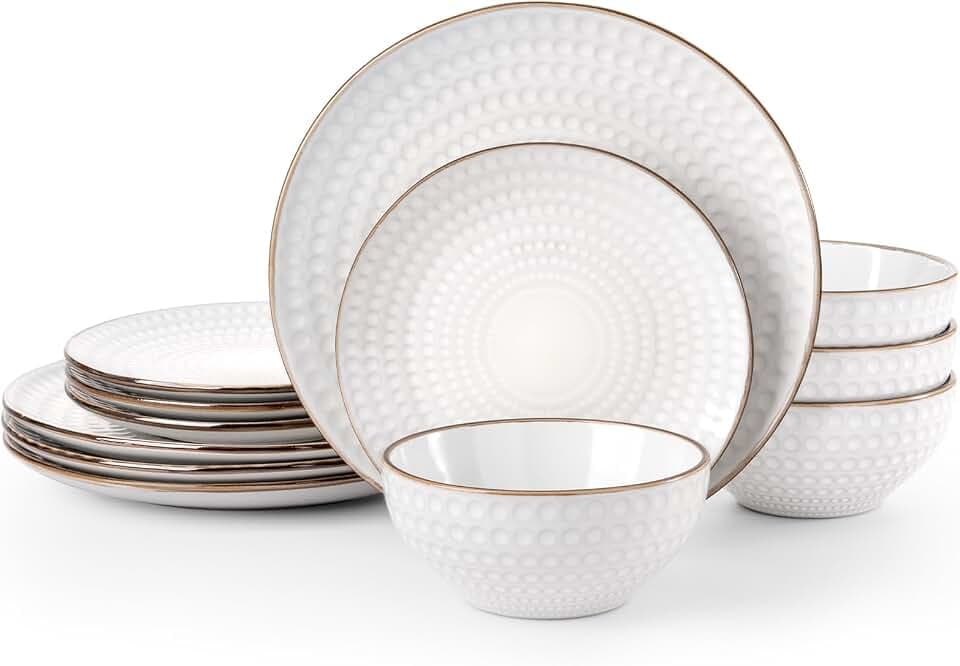 Famiware Eden Ceramic Plates and Bowls Sets, Embossed Dinnerware Set for 4