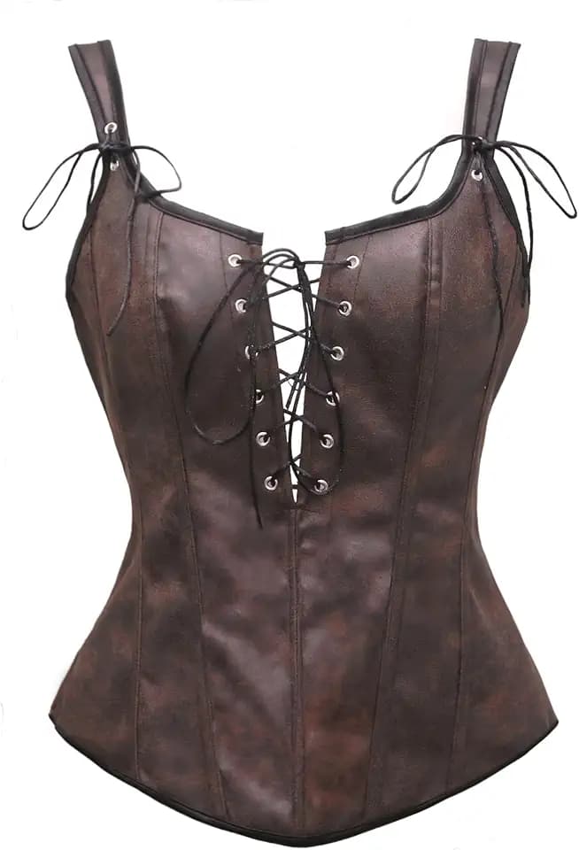 Bslingerie Damen Korsett aus Kunstleder, Steampunk-Stil, bauchfrei, Schwarz / Dunkelbraun