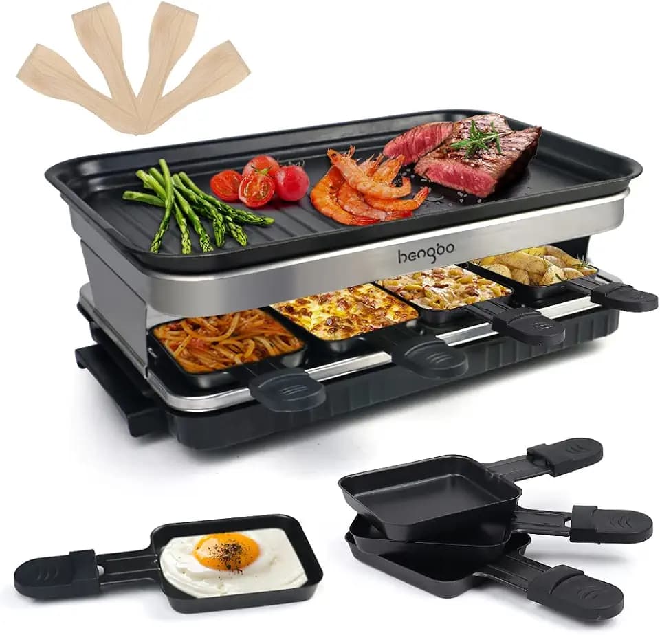 Raclette Grill 8 Personen, 8 Pfännchen, 1500W, Tischgrill mit Grillplatte