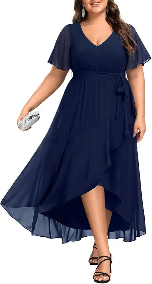 Talisea Plus Size Wedding Guest Dress - High Low Chiffon Ruffle Formal Gown
