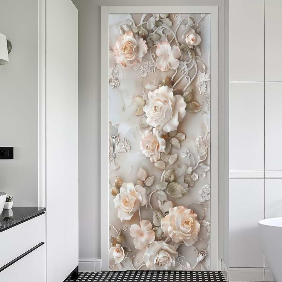 REDAMANCY Modern Ivory Pink White Rose Florals Peel and Stick Door Stickers Vinyl Mural Decals Decor Modern Wallpaper Self-Adhesive, Waterproof, Removable
