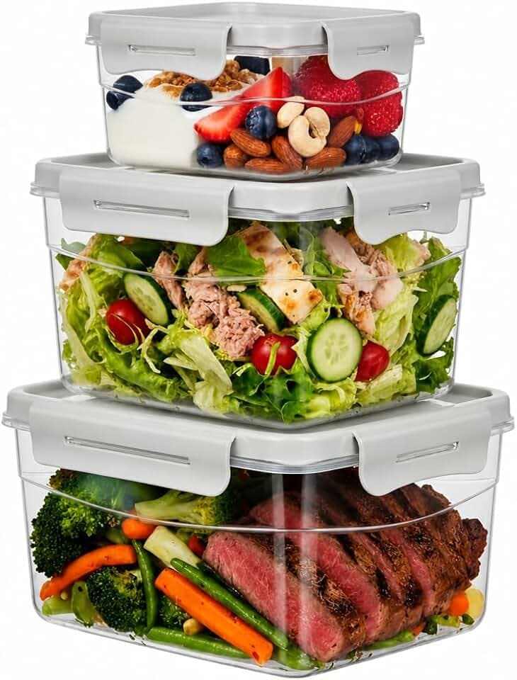 Giotto FreshStack Rectangular Plastic Food Storage Containers with Lids Set of 3 24oz, 47oz, 91.5oz 4 Snap Lock Perfect for Kitchen Storage BPA Free Airtight Leakproof Microwave Freezer Safe Meal Prep