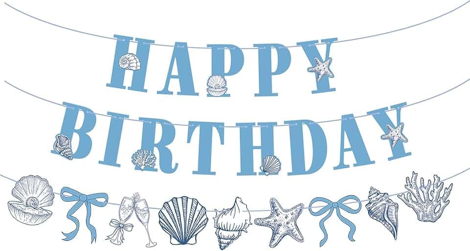Blue Bow Starfish Seashell Happy Birthday Banner Garland for Ocean Beach Under The Sea Theme Birthday Decor Mermaid Xmas Party Decorations