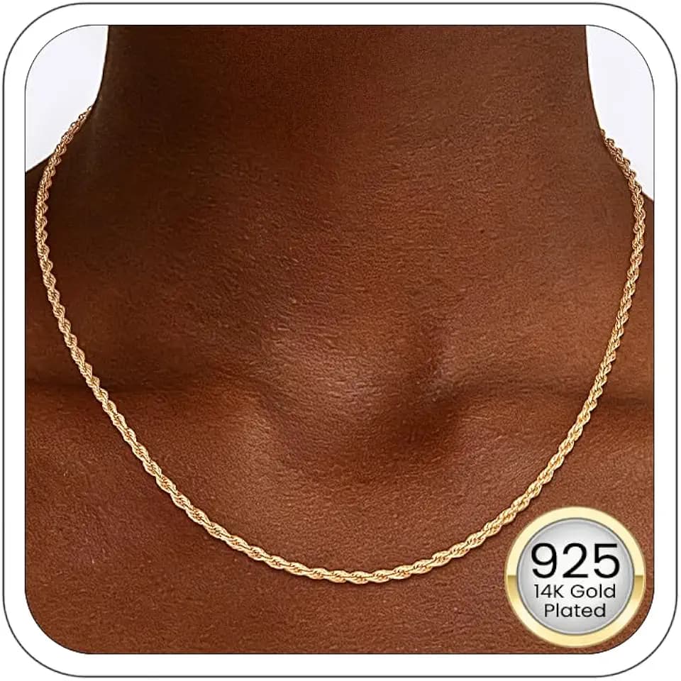 1.5mm 2mm Rope Chain 925 Sterling Silver Chain Necklace for Women, 14K Gold Plated Chains for Women Sturdy Women's Chains Necklace, 16 18 20 22 24 26 Inches