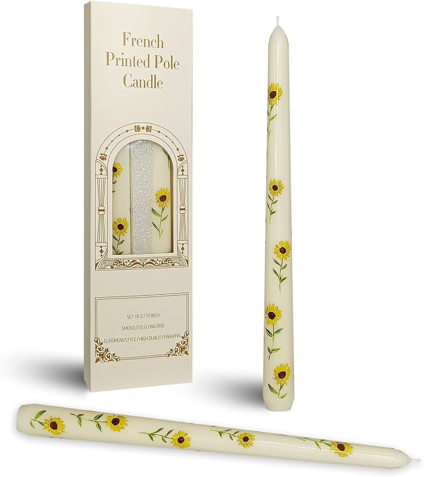 Summer Floral Printed Taper Candle - Baleagcdl Ivory with Sunflower Candlesticks Handmade Long Tapered Candles 10 Inch Drip Candle for Holiday Decor Gifts Set of 2