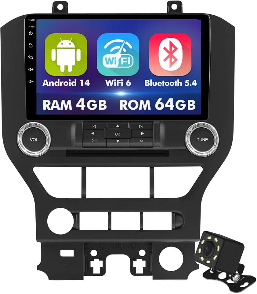 4+64GB 9 Inch Touchscreen Android 14 Car Radio Stereo for Ford Mustang 2015-2020 with CarPlay/Android Auto Car Radio, Support WiFi 6, Bluetooth,5.4, Backup Camera, SWC