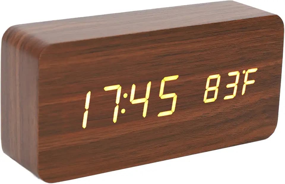 Tonysa Digitaler LED-Wecker aus Holz – Einfach und Strukturiert, 3-stufige Helligkeit, Temperatur- und Luftfeuchtigkeitsanzeige, Ideal für Schlafzimmer, Büro