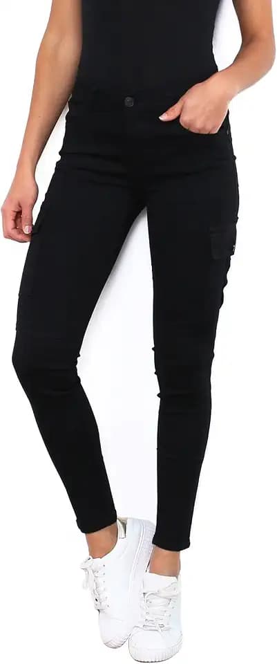 Damen Cargo Skinny Stretch Jeans Baumwolle Cargo Schwarz Hose UK 34-42