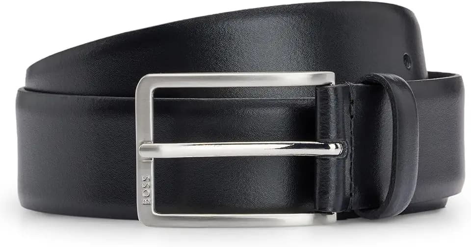 BOSS Herren Erman-L Sz35 Gürtel aus italienischem Leder mit Metalldetails in gebürsteter Silber-Optik