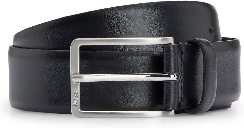 BOSS Herren Erman-L Sz35 Gürtel aus italienischem Leder mit Metalldetails in gebürsteter Silber-Optik