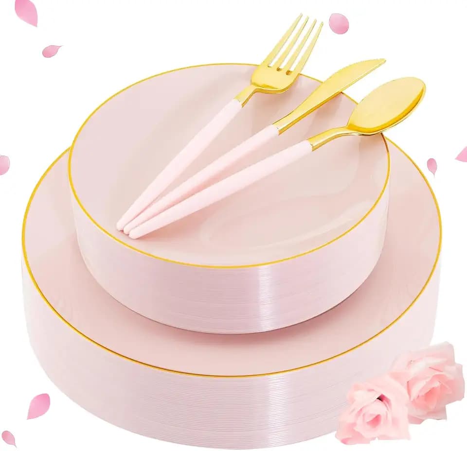 Liacere 150PCS Plastic Plates-Gold Plastic Silverware with Pink Handle - Pink Disposable Plates Include 30 Guests Plates, Forks, Spoons, Knives for Wedding ＆ Party