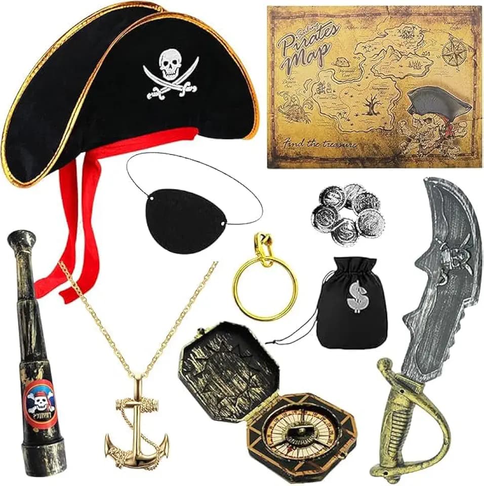 Piratenkostüm, 15 Stück Piraten Kostüm Zubehör Piratenhut Säbel Augenklappe Fernrohr, Piratin Kostüm, Piraten Verkleidung Accessories, Piraten Karneval Kostüm Fasching Cosplay Halloween Party