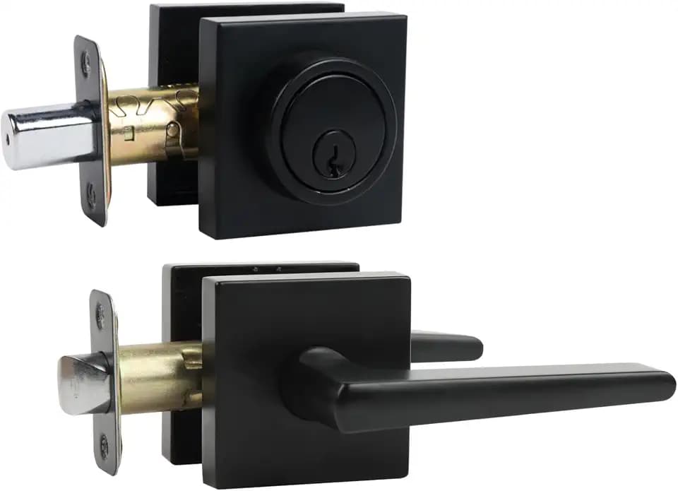 Exterior Door Deadbolt Lock Set, Keyed Entry Front Door Handle with Knob Combo, Heavy Duty Square Deadbolt for Security Door Locks, Black Finish, 1 Pack