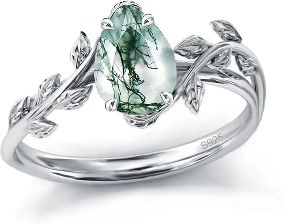 Wasee Natural Moss Agate Ring 925 Sterling Silver Opal Birthstone Ring 925 Sterling Silver Leaf Promise Ring for Her Birthday Anniversary Jewelry for Women