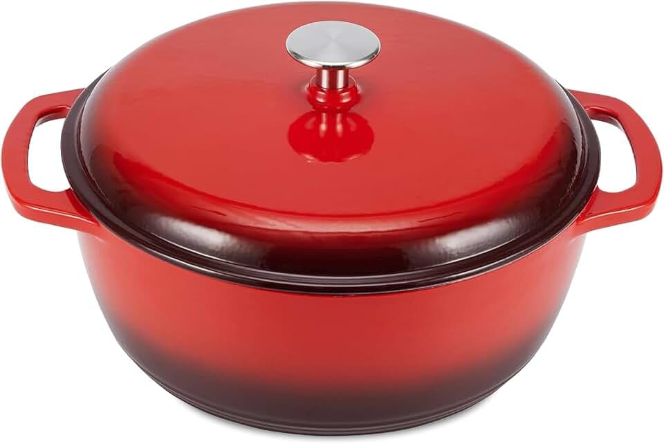 Amazon Basics Schmortopf Rund aus Emailliertem Gusseisen mit Deckel, 6,9 L, Rot