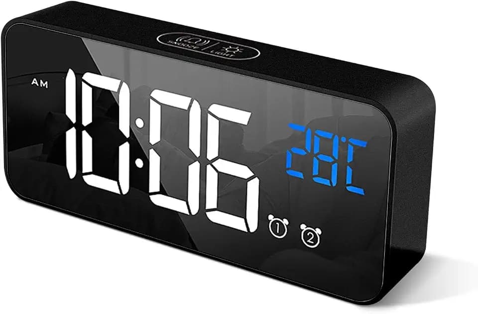 Digitaler Wecker mit großer LED-Temperaturanzeige, tragbarer Spiegelalarm mit Doppelalarm, Zeit-Dimmer, Helligkeitsdimmer in 4 Stufen verstellbar (schwarz)