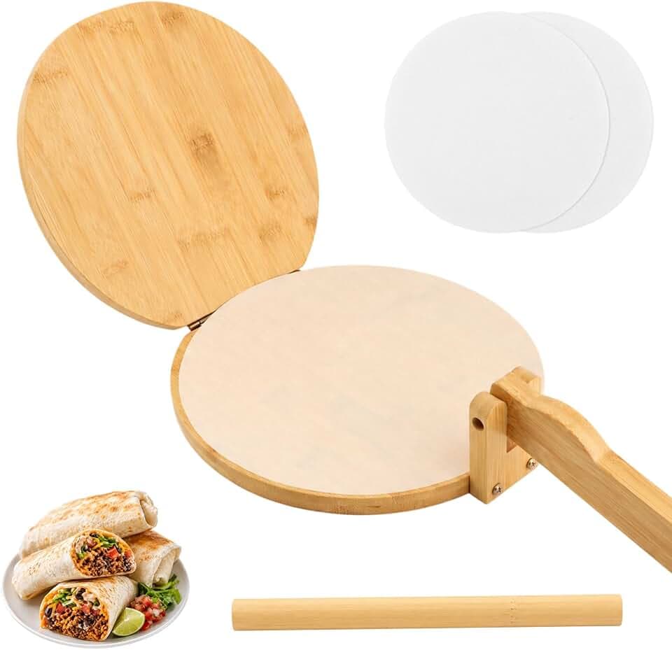 10 Inch Bamboo Round Tortilla Press Set, Mexican Tortilla Maker with 100 Parchment Papers and Rolling pin, Homemade Corn&Flour Flatbread Press for Mexican Tacos, Roti, Patacones