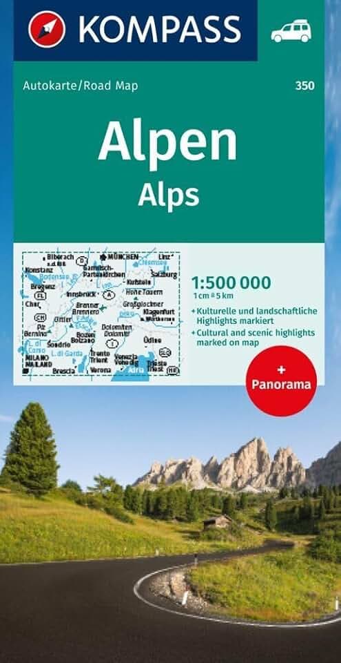 KOMPASS Autokarte Alpen, Alps, Alpi, Alpes 1:500.000: mit Panorama auf der Rückseite
