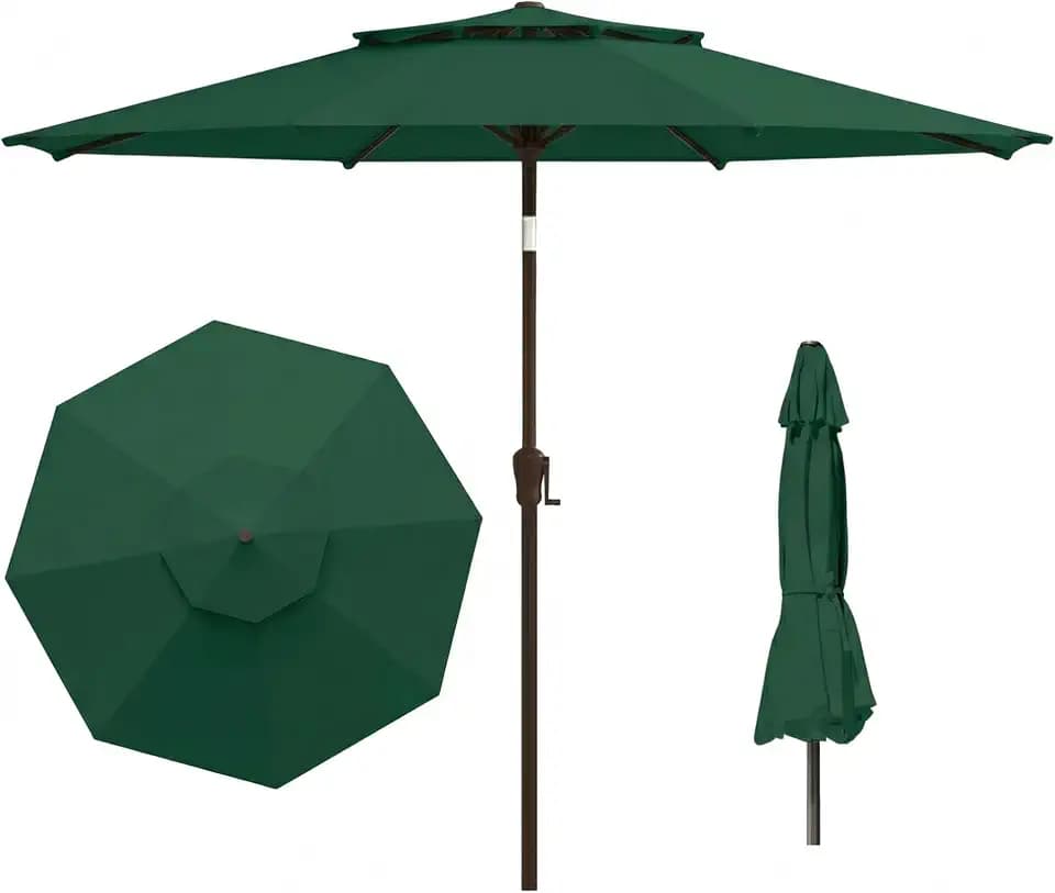 10FT Outdoor Patio Umbrella, 2 Tiers Market Table Umbrella with 8 Sturdy Ribs, Push Button Tilt and Crank, UPF50+ UV Protection for Deck, Pool, Garden and Backyard