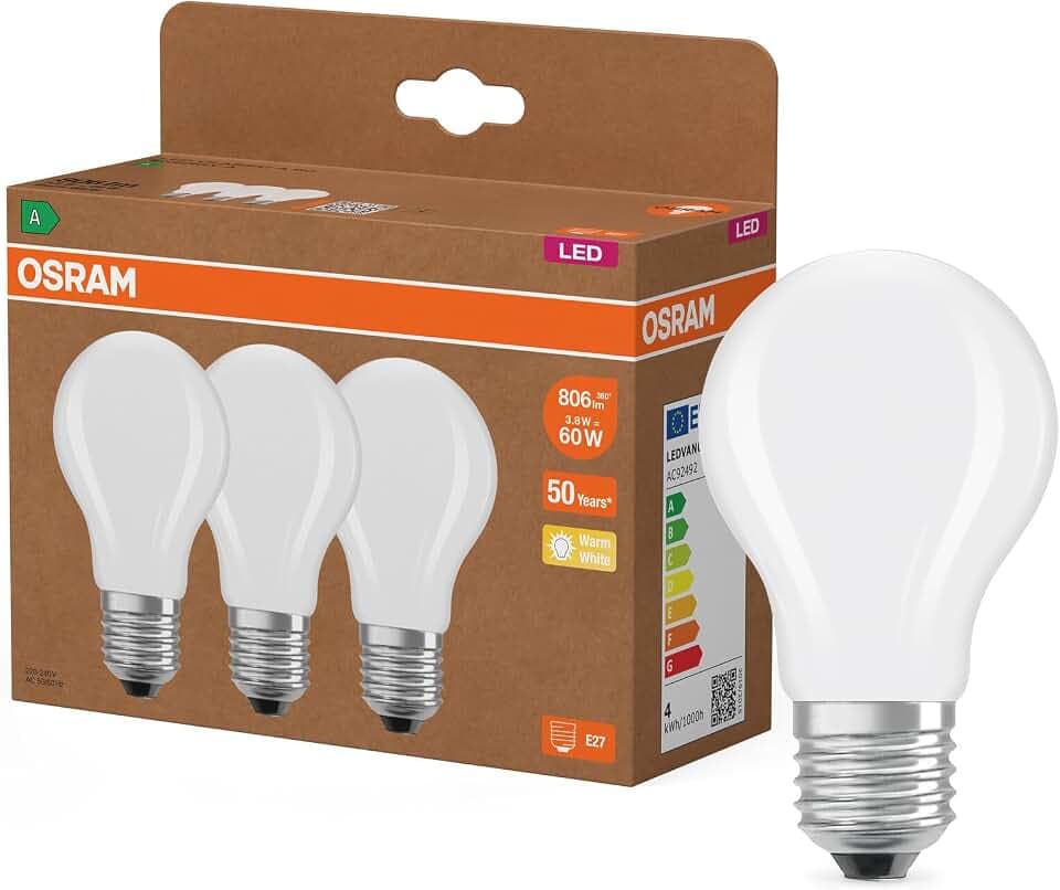 Osram Hocheffiziente LED Lampen mit Energieeffizienz Klasse A, Vorteilspack mit 3 Leuchtmittel, ersetzt herkömmliche 60W Glühbirnen, Birnenform, warmweiß(2700K), E27, mattes Glas