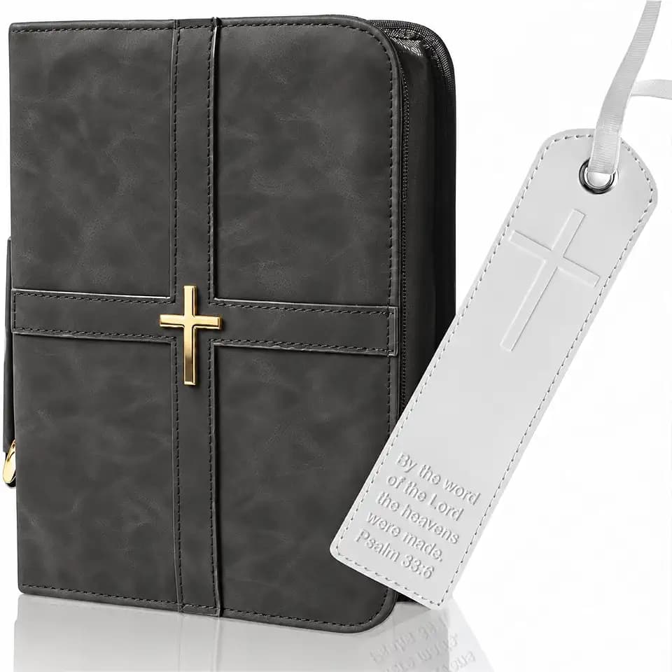 Bible Cover (U.S. Patent Pending), Discreet & Elegant Bible Case, Charcoal PU Leather Bible Cover, Cross Design Bible Bags, Strong and Sturdy Book Case, Includes Premium Bookmark