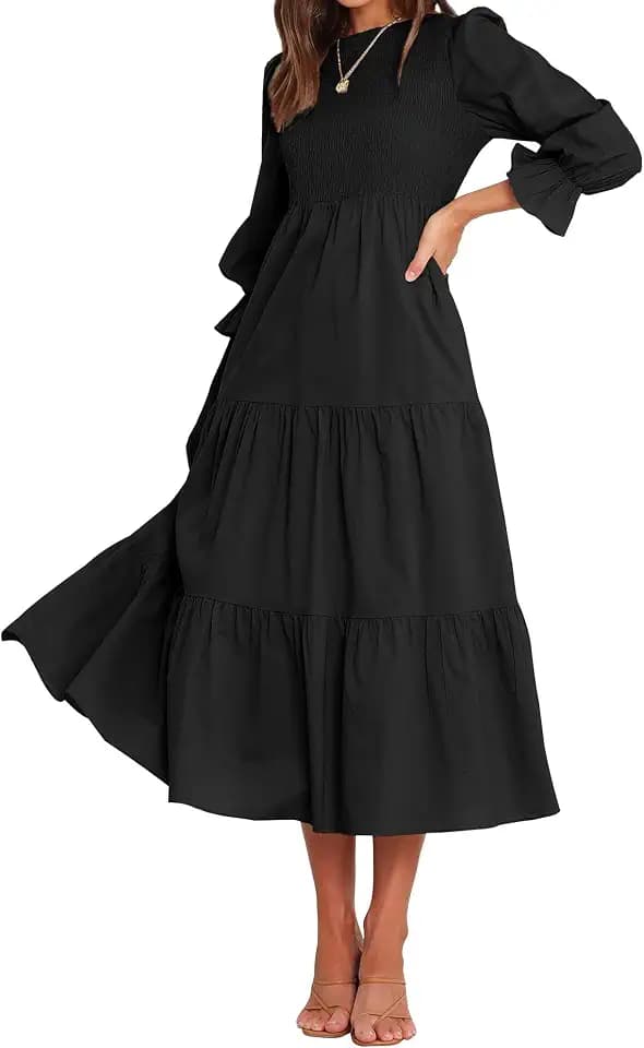BTFBM, Lässiges Damenkleid, Langärmelig, Rundhalsausschnitt, Herbstkleid, Bohemian-Stil, Entspannte Passform, Blumenmuster, Fließendes Maxikleid, Gestuftes Cocktailkleid