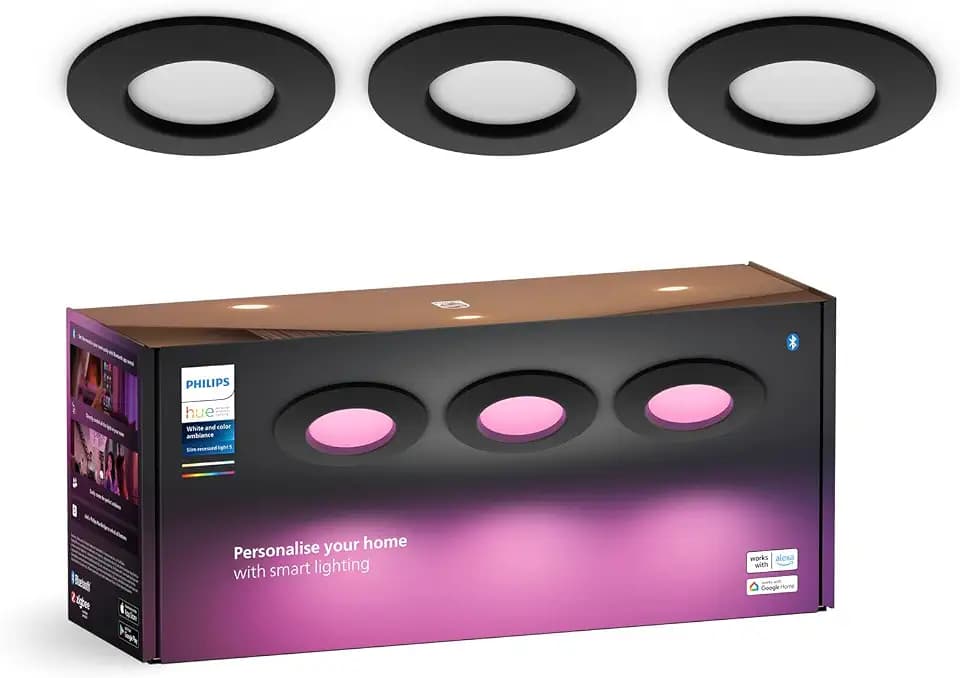 Philips Hue Smart Slim Einbauleuchte 3er Pack, 90 mm, Weiß & Farbiges Licht, Bluetooth kompatibel, Sprachsteuerung mit Alexa, Apple Home & Google Assistant, schwarz