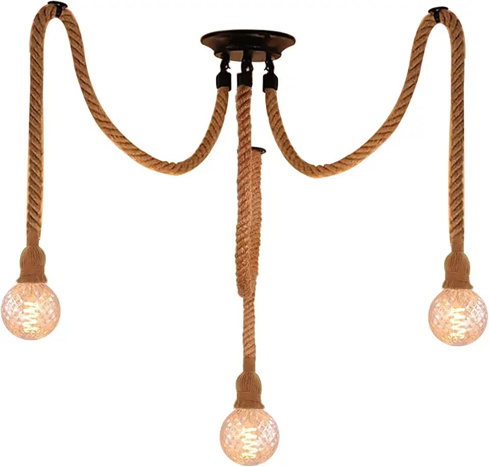 Hanfseil Retro-Industrie Pendelleuchte Handgefertigten Lampenkabel mit 3 Lichter, E27 Deckenlampe Holz Aufhängung Vintage Deckenleuchte Landhausstil für Edison-Leuchte Restaurant Esstisch