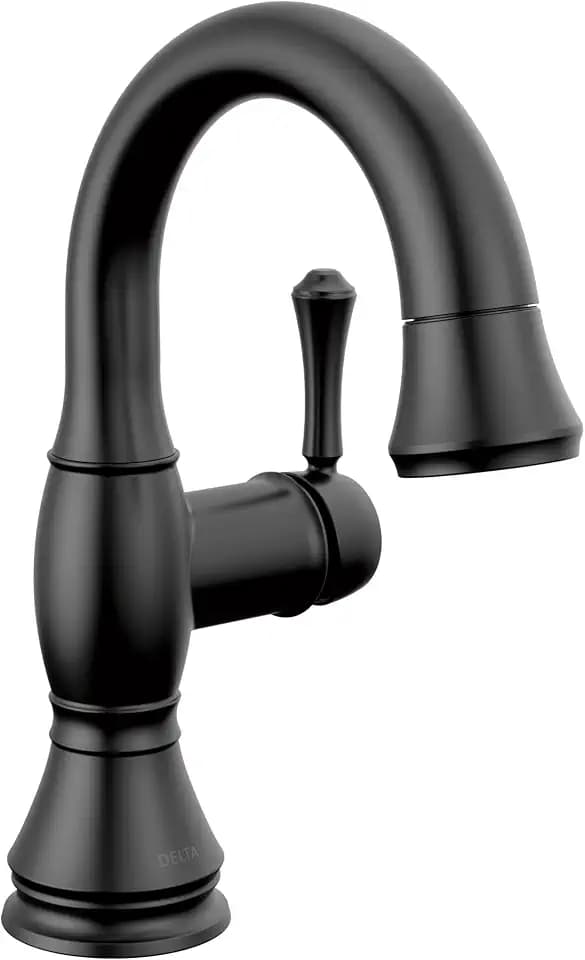 Delta Cassidy 1 Hole Matte Black Bathroom Faucet with Sprayer, Single Hole Bathroom Sink Faucet with Pull Down Sprayer for Vanity, Push-Pop Drain, Matte Black 597-BLPD-DST