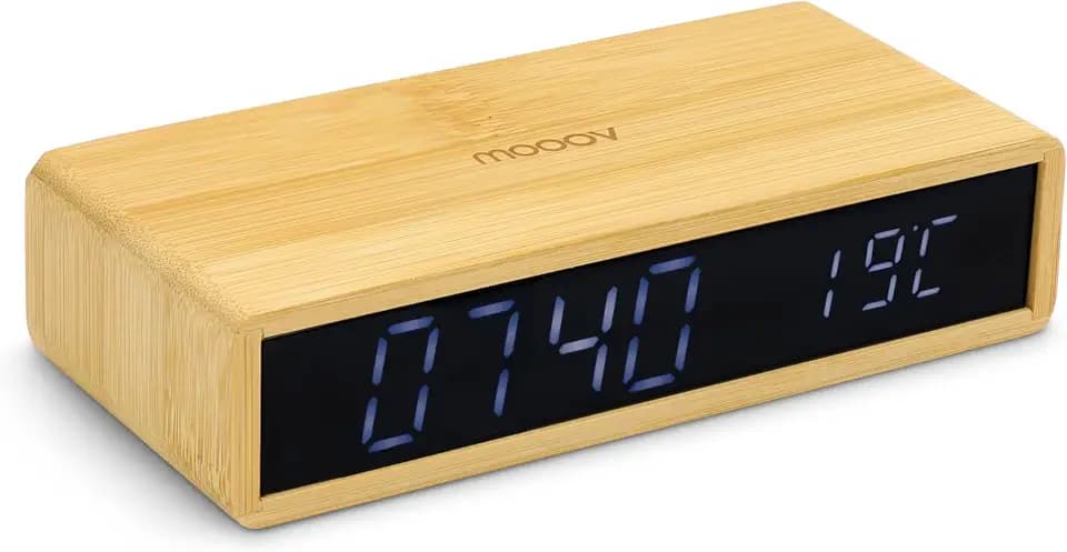 mooov Wecker Bamboo mit LED-Display, schwarz, Innentemperatur, Helligkeit verstellbar, 3 Alarme