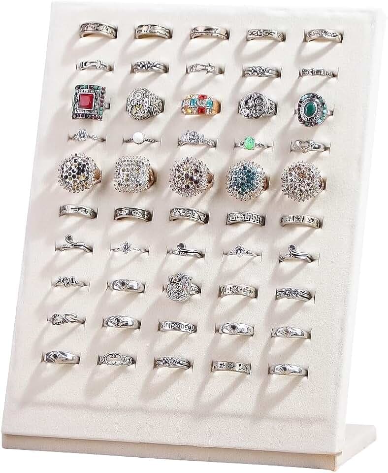 50 Slots Rings Display Stand, Ring Organizer Holder Stand for Selling, Ring Jewelry Pad Showcase Storage Tray for Home or Shop Sell Show (Beige 1PC)