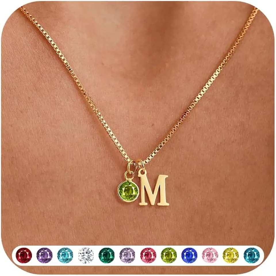 WFYOU Initial Birthstone Necklaces for Women 14K Gold Plated Necklace