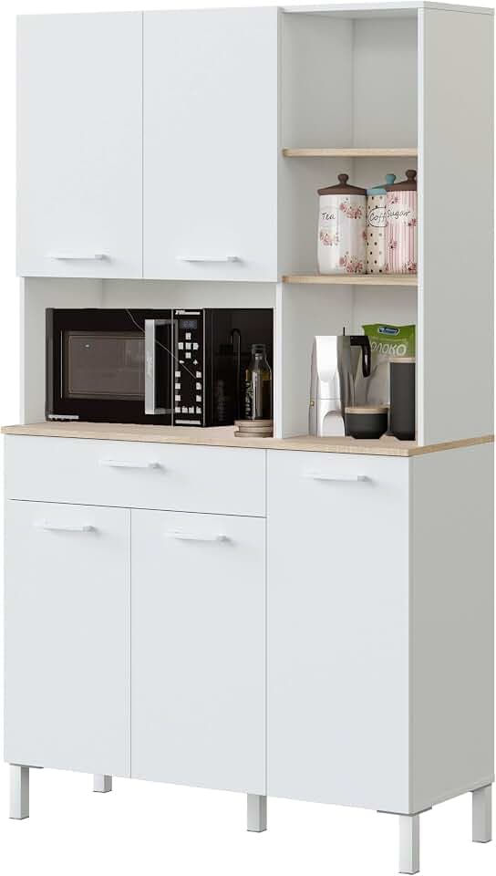 Habitdesign, großer Küchenhochschrank mit Mikrowellenfach, 5 Türen und 1 Schublade – platzsparender Küchenschrank in Artik weiß & Eiche, viel Stauraum, Maße: 108 x 186 x 40 cm (B x H x T), Modell Kira