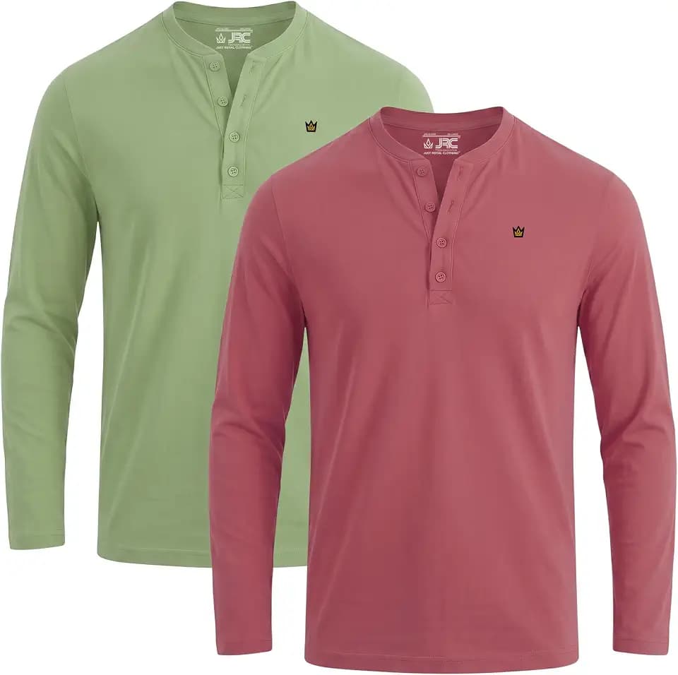 JRC Henley-T-Shirts für Herren, kurz-/langärmelig, leicht, für Fitnessstudio, Laufen und Freizeitausflüge, 2 Stück, L
