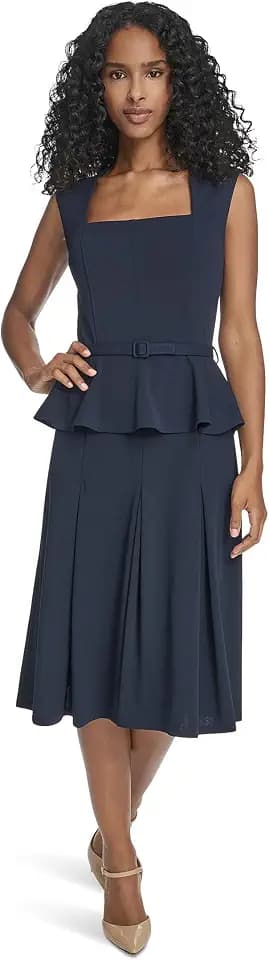 Calvin Klein Short Sleeve Scuba Crepe Belted Peplum Aline