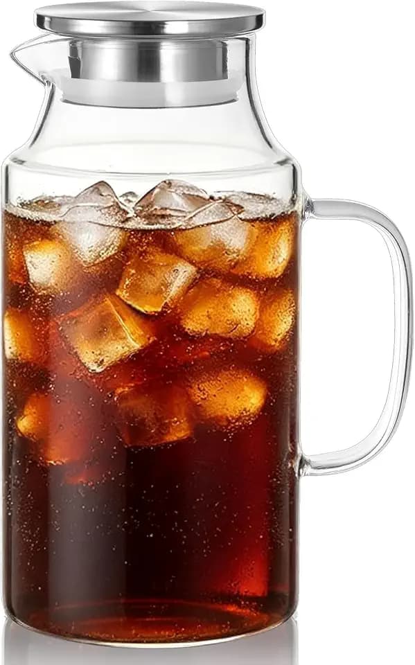 Short 2 Liter Glass Pitcher with Lid and Handle, 68 oz Borosilicate Water Pitcher for Fridge, Hot/Cold Iced Tea Pitcher, Glass Carafe for Juice, Coffee, Lemonade, Clear