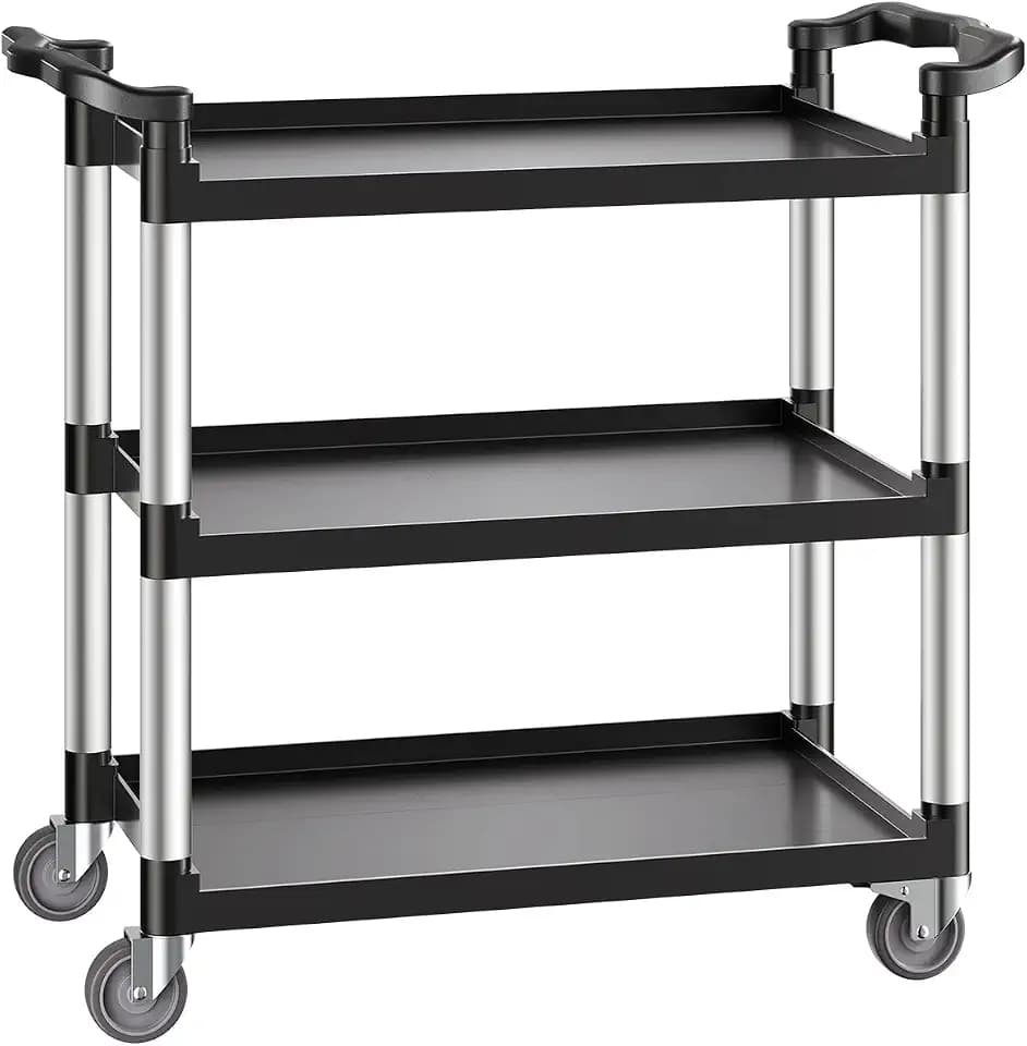 VEVOR Mehrzweckwagen, 226 kg Tragkraft, 3-stufiger Universalwagen aus Kunststoff mit 360° Schwenkrädern (2 mit Bremse), 106x49x98 cm großer Servierwagen für Lager, Büro, Zuhause, Restaurant, Küche