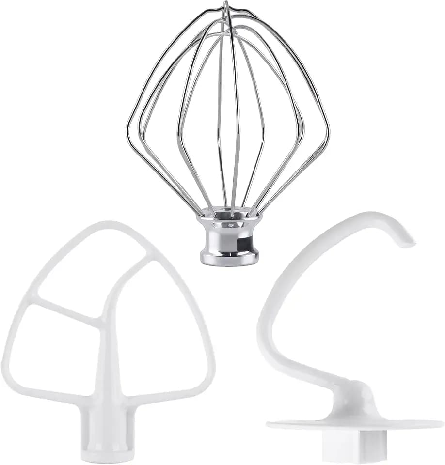 3-Piece Kit Attachments for KitchenAid Tilt-Head Stand Mixer, Accessories Stainless Steel K45WW Wire Whip, K45DH Dough Hook and K45B Coated Flat Blade Paddle with Scraper