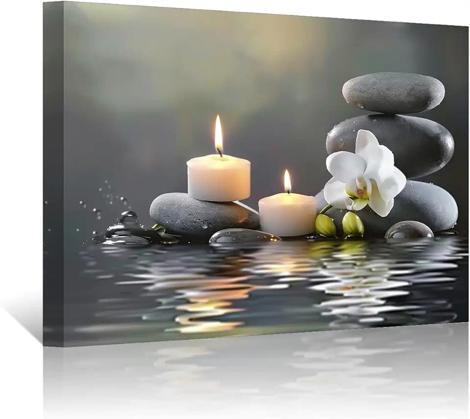 PBXBJY Bathroom Wall Art Orchid Flower with Black Zen Stone Pictures SPA Candle Picture Prints Still Life Canvas Painting for Meditation Spiritual Room Decor (White, (24.00" x 36.00"))