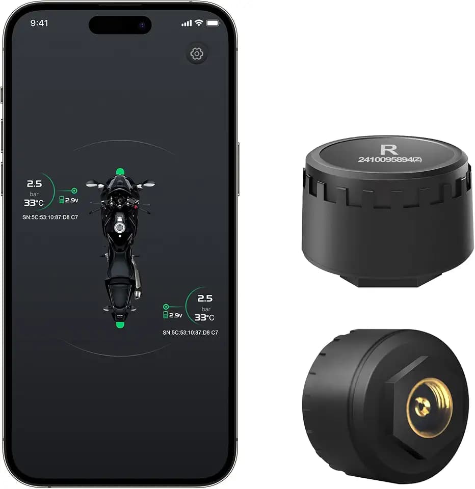 Motorcycle Tire Pressure Monitoring System, Wireless TPMS with Bluetooth Connectivity, Real-Time Tire Pressure Sensors, Easy Installation, Compatible with iOS and Android