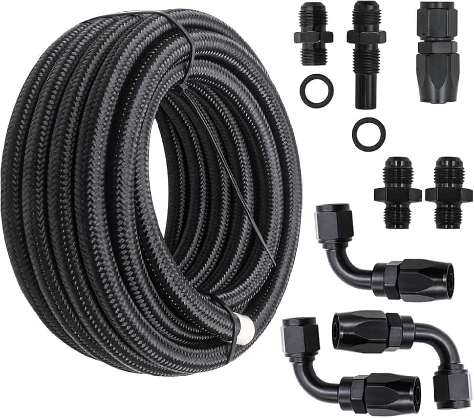 AN6 Automatic Transmission Cooler Line Kit For 4L80E Transmission - Black Nylon Braided Fuel Line Oil/Gas/Fuel Hose Kit 15FT