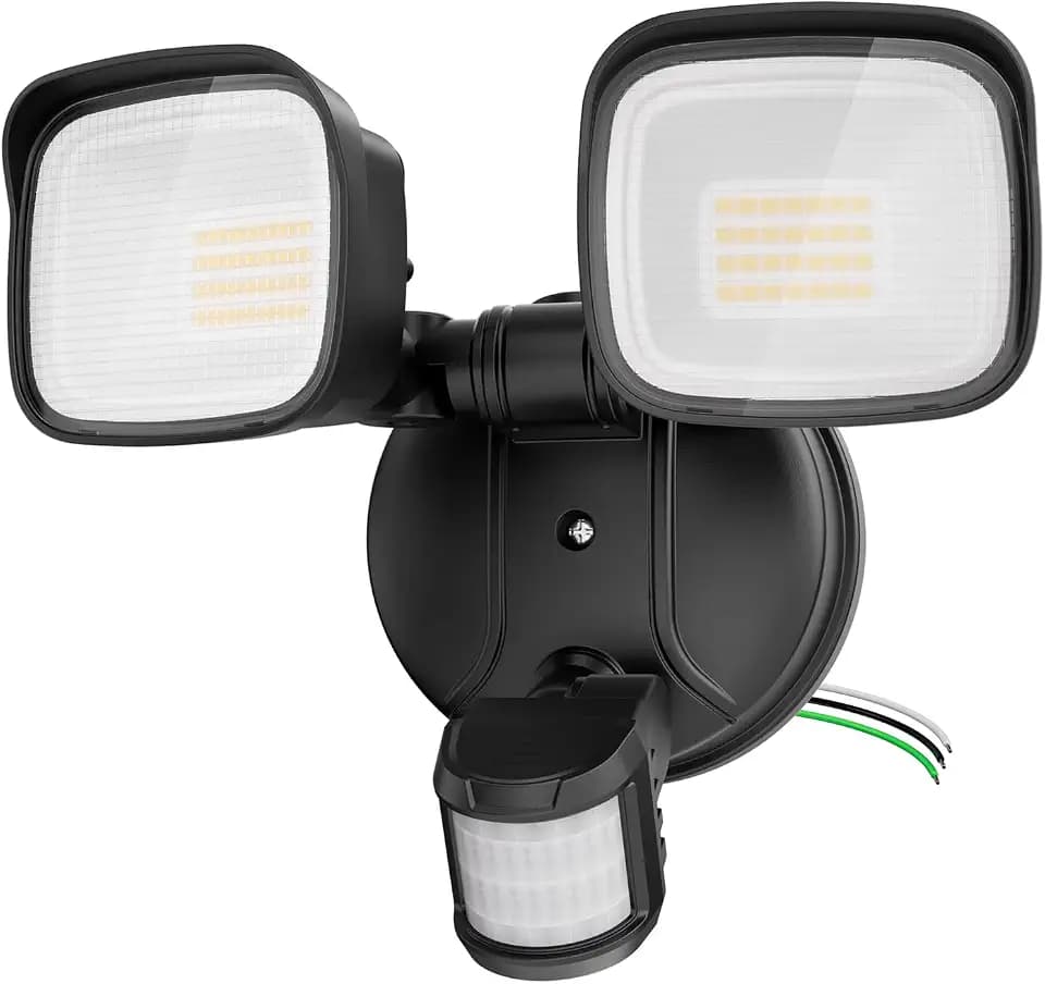 35W Motion Sensor Outdoor Light, 3500LM 2 Head LED Flood Light, Dusk to Dawn Hardwired Security Light, IP65 Waterproof, 6500K Daylight for Garage, Yard, Driveway, Black