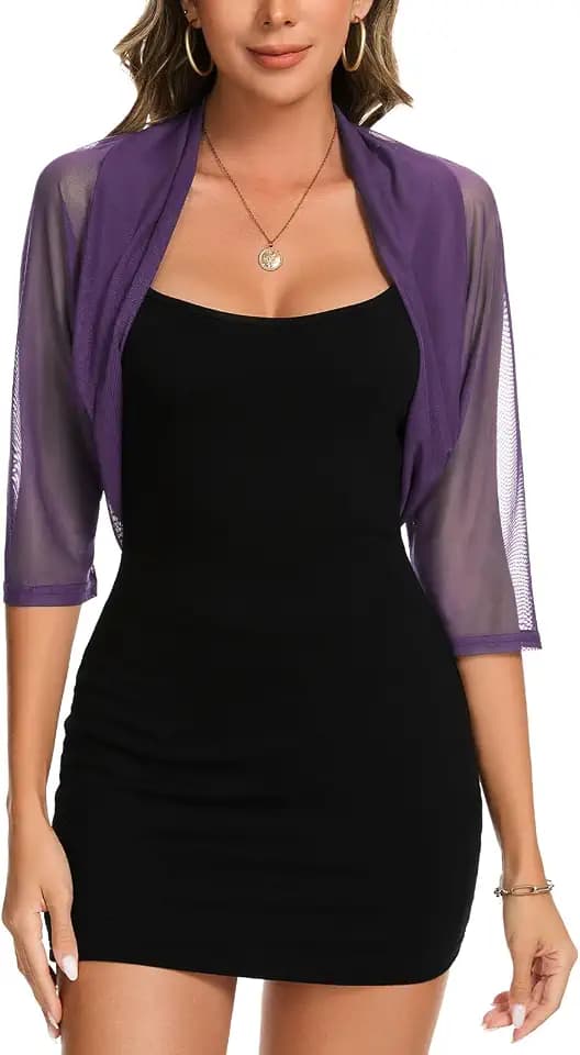 Kurz Cardigan Damen Sheer Mesh Bolero Offene Vorne Strickjacke 3/4 Ärmel Lässige Strickbolero Dünne Elegant