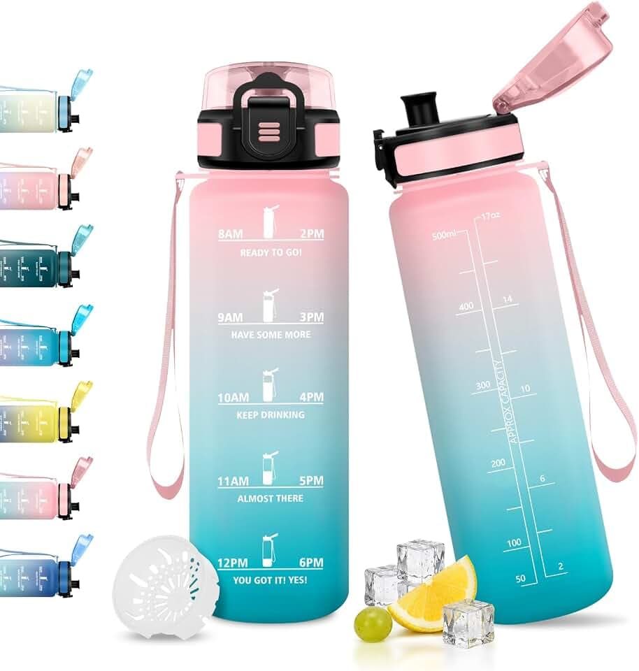 Trinkflasche 500ml, Kohlensäure Geeignet, Trinkflasche mit Zeitmarkierung, Wasserflasche mit Filter, Auslaufsicher, Wasserflasche für Outdoor, Schule, Camping