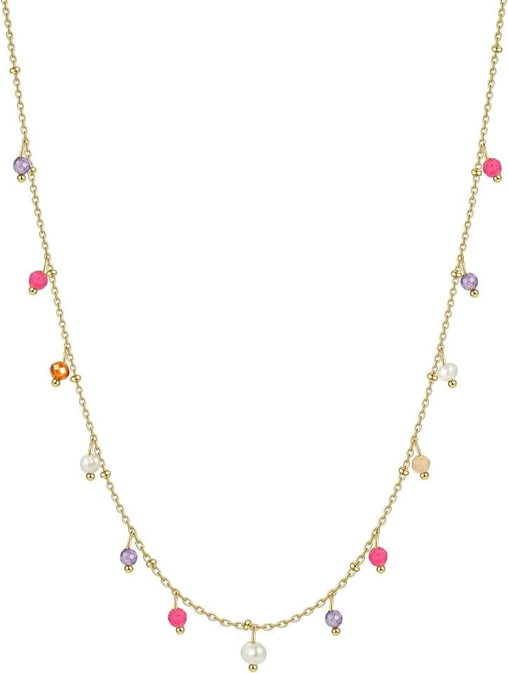 Naturstein Halsketten für Frauen 14K vergoldet wasserdicht Dainty bunte Perlen Charme Choker zart süße Sommer Boho Strand Halsketten Schmuck Geschenk Schwester, beste Freundin, Geburtstag