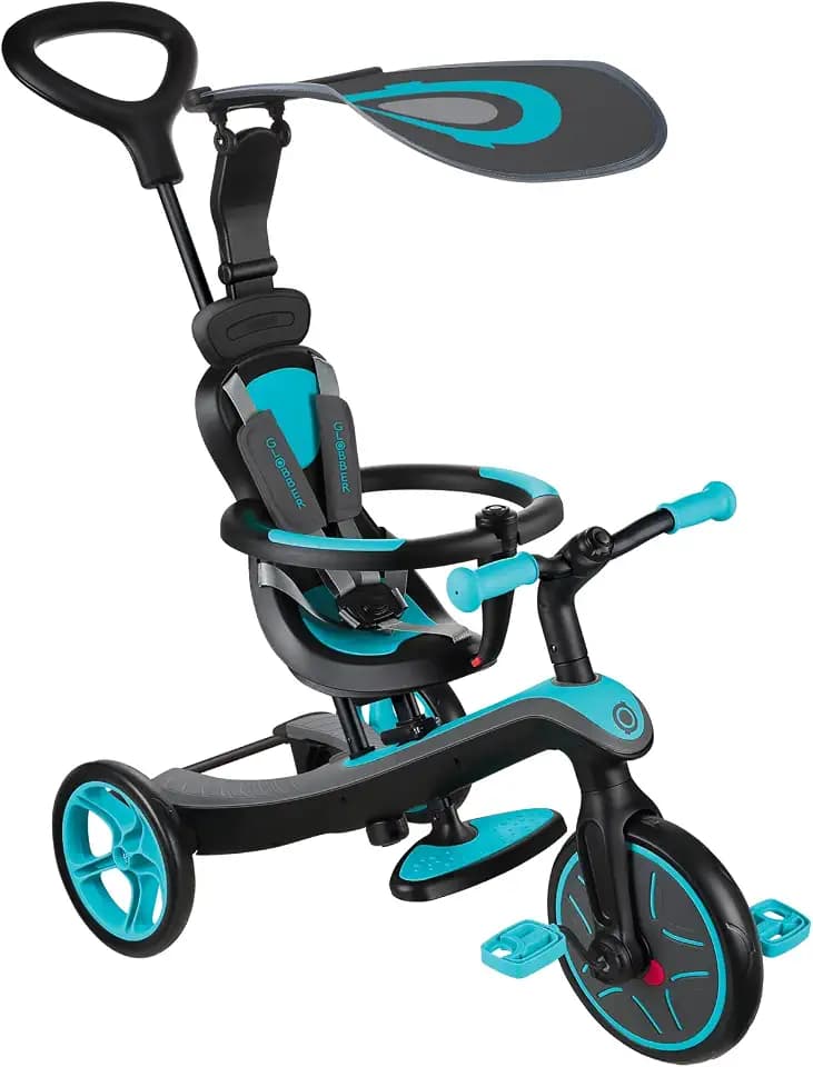 GLOBBER Explorer Trike 4in1 – Kinderwagen, Dreirad und Laufrad, 10/8,5 Zoll, TPR-Sitz, höhenverstellbar, türkis