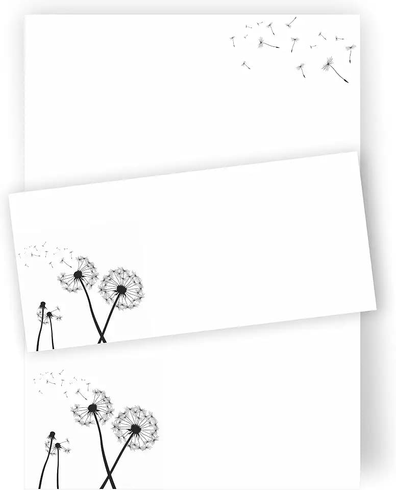 Briefpapier Pusteblume DIN A4 - 20 Pusteblumen-Briefbogen A4 - 10 DIN Lang-Briefumschläge - Weiß, Klassisch