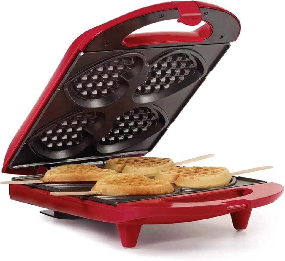 Holstein Housewares 4-Section Heart Shaped Waffle Maker, Non-Stick Waffle Iron, Mini Waffle Maker for Kids, Non-Toxic Coating, Easy to Clean, Makes 4 Heart-Shaped Waffles in Minutes, Red