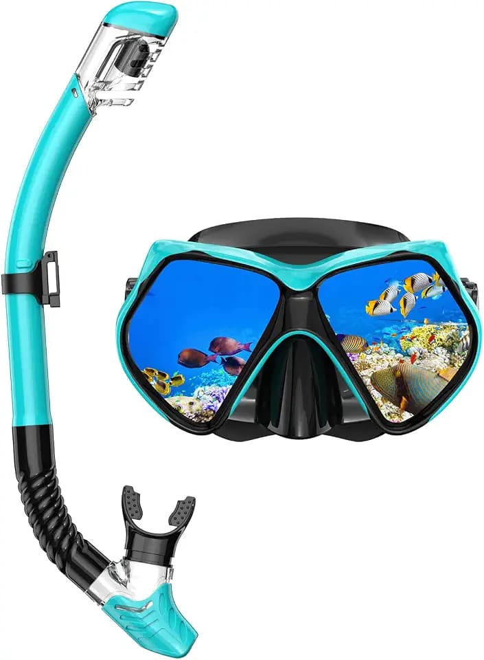 Snorkeling Gear for Adults, Snorkel Set Scuba Diving mask Dry-Top, Adult Swimming Goggles w/Nose Cover, HD Tempered Glass Panoramic Anti-Leak Anti-Fog, Travel Snorkeling Packages
