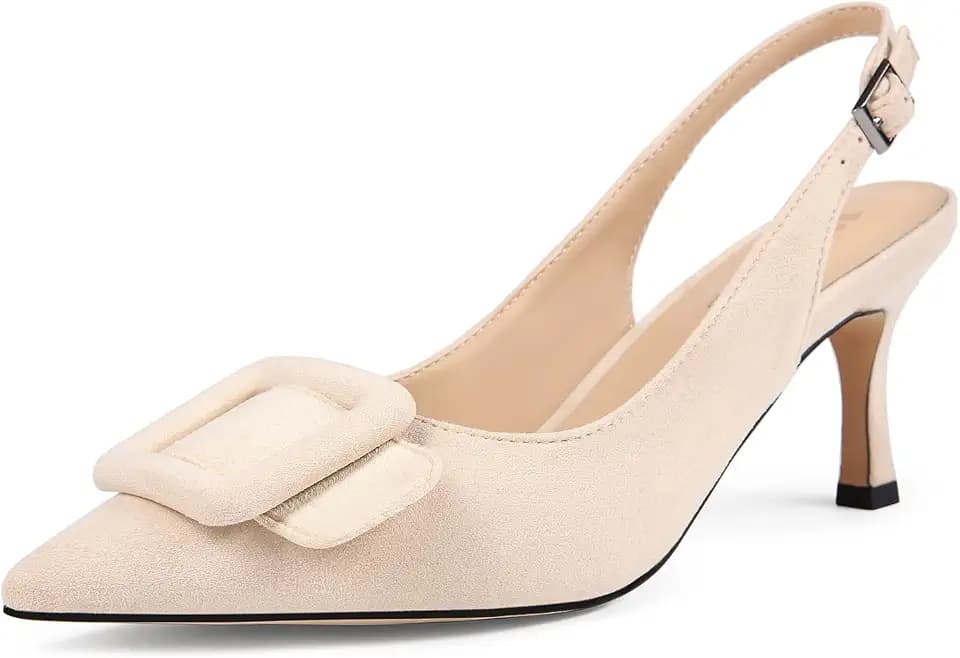 Womens Slingback Kitten Heels Closed Pointed Toe Sling Back Pumps Square Buckle Wedding Party Casual Dress Shoes
